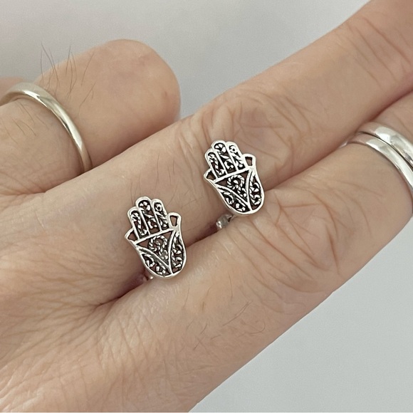 Sterling Silver Hand Of Fatima Earrings, Religious Earring, Hamsa Earrings - Picture 4 of 9